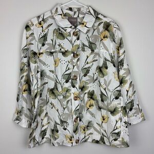 NWT Chico's Cotton & Linen Button Shacket w/ Yellow & Olive Print sz XL eyelet